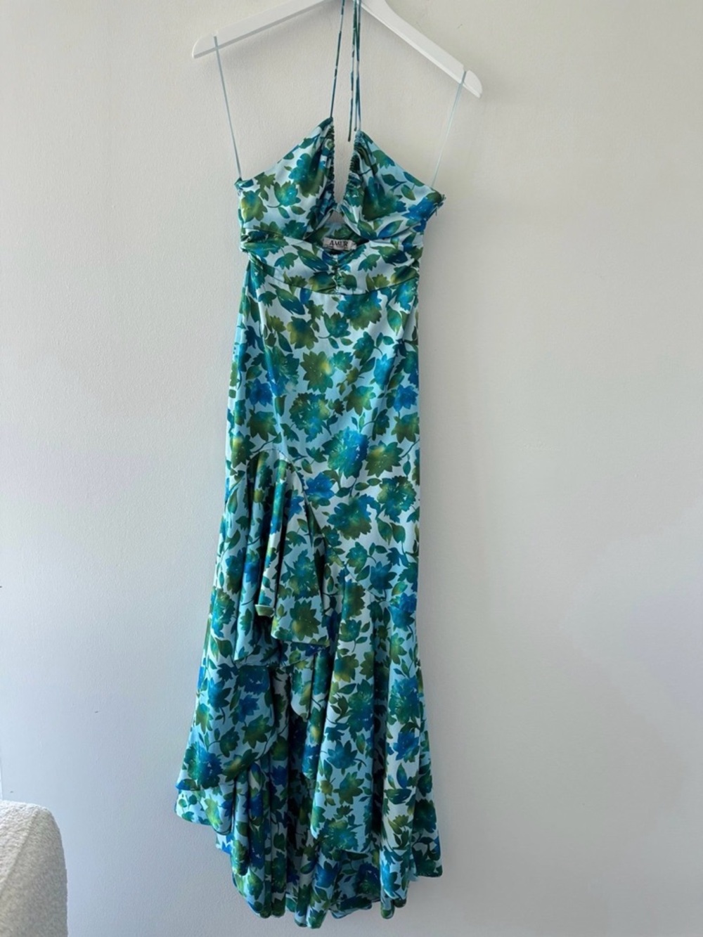 Amur Edie High Low Tie Neck Gown in Cerulean Lotus Block Print